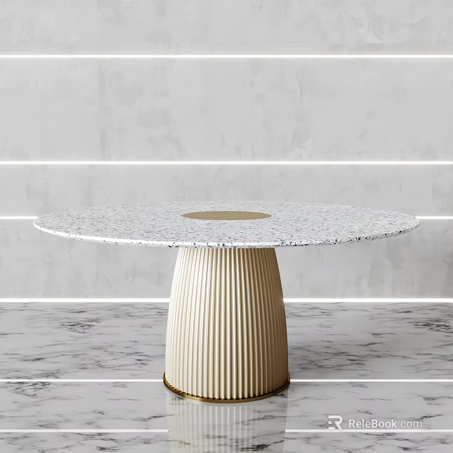 Round Dining Table With White Terrazzo Top Ribbed Beige Base And Minimalist Gray Interior 3d model 