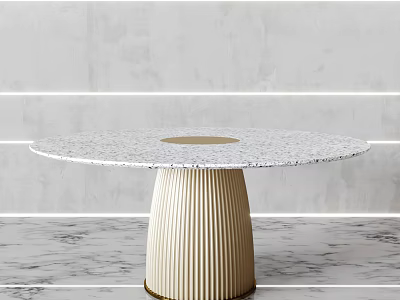 Round Dining Table With White Terrazzo Top Ribbed Beige Base And Minimalist Gray Interior 3d model