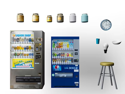 Commercial Refrigerator Vending Machines With Cold Drinks Cans Clock Cup And Stool 3d model