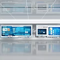 Modern Tech Control Room With Multiple Large Displays Showing Blue Data Charts And Interfaces 3d model