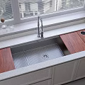 Stainless Steel Kitchen Sink With Wooden Covers Modern Faucet And White Cabinets