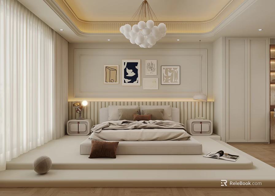 Modern Luxury Apartment Bedroom With Large Bed Chandelier Beige Artworks And Wooden Flooring 3d model 