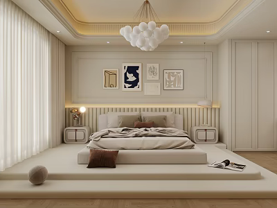 Modern Luxury Apartment Bedroom With Large Bed Chandelier Beige Artworks And Wooden Flooring 3d model