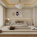Modern Luxury Apartment Bedroom With Large Bed Chandelier Beige Artworks And Wooden Flooring
