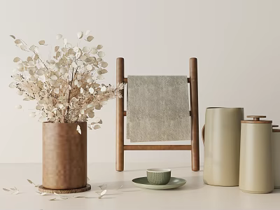 Minimalist Decorative Ornaments Set With Brown Vase Dried Flowers Wooden Rack And Light Green Jars 3d model