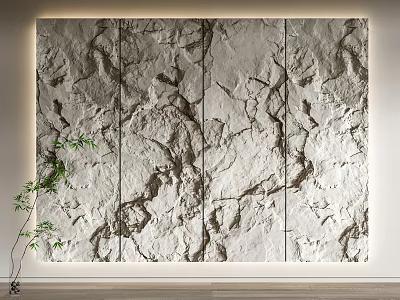 Rough Textured Stone Background Wall With Indoor Green Plant And Soft Lighting 3d model