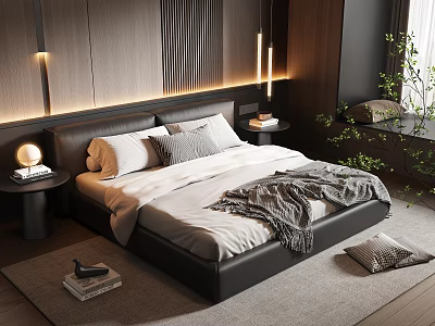 Modern Bedroom Interior With Black Leather Headboard White Bed Sheets Gray Throw Blanket And Nightstands 3d model