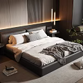 Modern Bedroom Interior With Black Leather Headboard White Bed Sheets Gray Throw Blanket And Nightstands