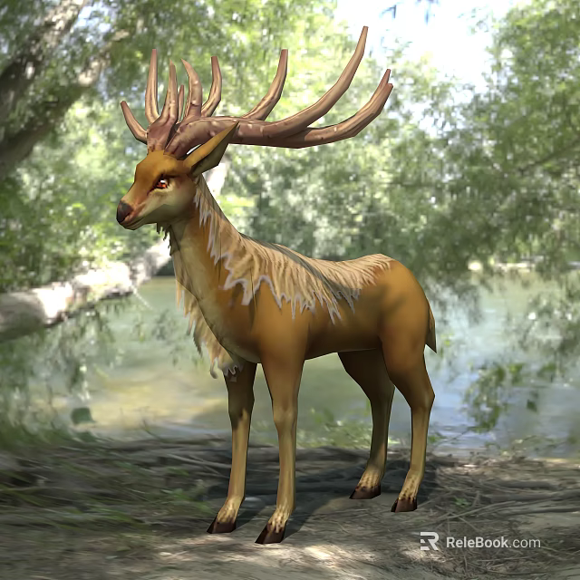 Mythical Deer With Large Antlers Standing By Forest River Golden Fur And Natural Wooded Background 3d model 
