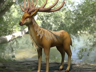 Mythical Deer With Large Antlers Standing By Forest River Golden Fur And Natural Wooded Background 3d model