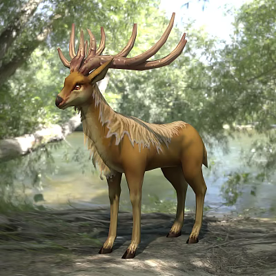 Mythical Deer With Large Antlers Standing By Forest River Golden Fur And Natural Wooded Background 3d model
