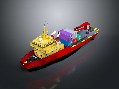 Cargo Ship with Red and Yellow Hull Equipped with Containers and Crane 3d model