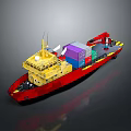 Cargo Ship with Red and Yellow Hull Equipped with Containers and Crane