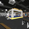 Fitness Gym Interior With Boxing Ring Workout Equipment Brick Wall And Ceiling Lights