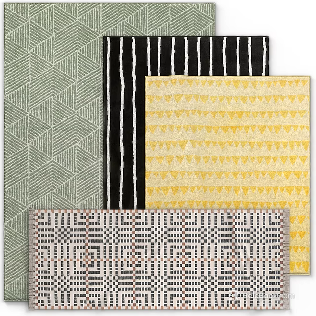 Square Rugs Interior Design With Geometric Patterns Stripes Yellow Triangles And Grid 3d model 