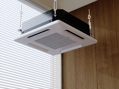 Modern Ceiling Mounted Air Conditioner Fan In Indoor Room With Wooden Wall And Window Blinds 3d model