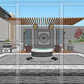 Modern Garden Landscape With Courtyard Wooden Roof Circular Feature Glass Doors Lawn And Mountain View