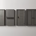 Four Gray Swing Doors With Different Designs On White Wall 3d model