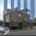 Modern Detached Villa Exterior With Stone Facade Large Windows Front Yard And Red Car