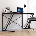 Stylish Work Desk With Wooden Top Black Metal Frame Laptop Coffee Mug And Grey Chair