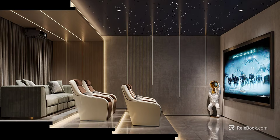 Modern Home Theater Interior With Starry Ceiling Comfortable Seating Large Screen And Astronaut Decor 3d model 