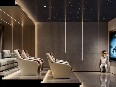 Modern Home Theater Interior With Starry Ceiling Comfortable Seating Large Screen And Astronaut Decor 3d model