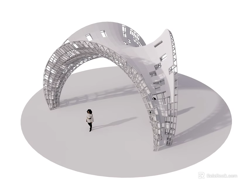 Modern Outdoor Curved Pergola Structure With Hollow Design And Human Figure 3d model 