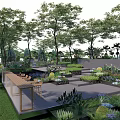 Outdoor Landscape Seats Surrounded by Trees and Green Plants in Garden Area with Tables
