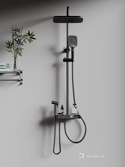 Modern Black Wall Mounted Shower Faucet Set with Handheld Sprayer and Storage Shelf 3d model 