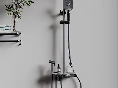 Modern Black Wall Mounted Shower Faucet Set with Handheld Sprayer and Storage Shelf 3d model