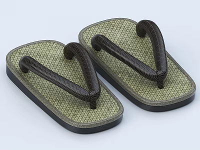 Traditional Japanese Wooden Geta With Brown Woven Straps And Green Base 3d model