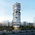 Modern High Rise Office Building With Unique Facade And Greenery In Urban City Skyline Setting