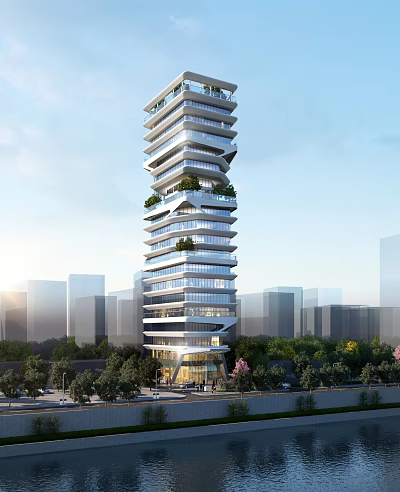 Modern High Rise Office Building With Unique Facade And Greenery In Urban City Skyline Setting 3d model