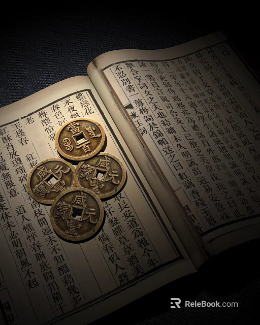 Ancient Book With Chinese Characters And Bronze Coins On Pages 3d model 