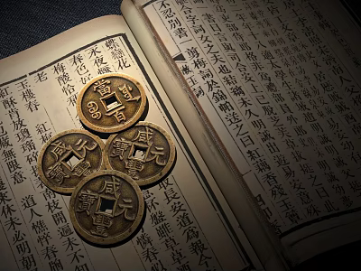Ancient Book With Chinese Characters And Bronze Coins On Pages 3d model