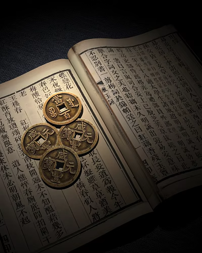 Ancient Book With Chinese Characters And Bronze Coins On Pages 3d model