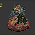 Game Movie Mechanical Character With Red Orange Glowing Lights Standing On Base With Grass Rocks