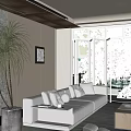Modern Living Room Decorative Ornament Set With Beige Sofa Gray Cushions Tall Plant And Painting