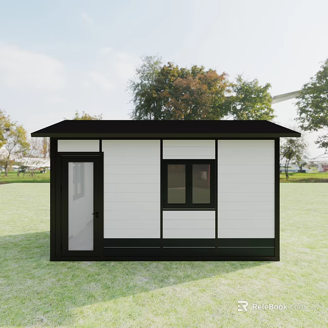 Modern Container Building Featuring White Black Exterior Door And Window On Green Grass 3d model 