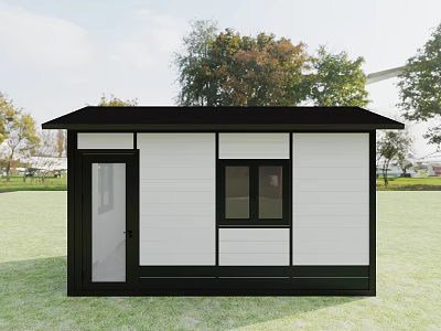 Modern Container Building Featuring White Black Exterior Door And Window On Green Grass 3d model