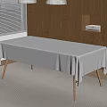 Light Green Tablecloth Covered Wooden Table With Pendant Lights And Wooden Cabinet Near Window