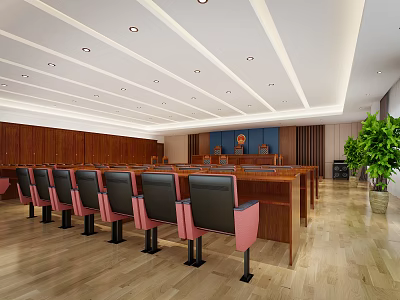 Spacious Courtroom Interior With Wooden Panels Judge's Bench And Audience Chairs 3d model