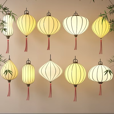Traditional Yellow And White Lanterns With Red Tassels And Bamboo Leaves Decor 3d model