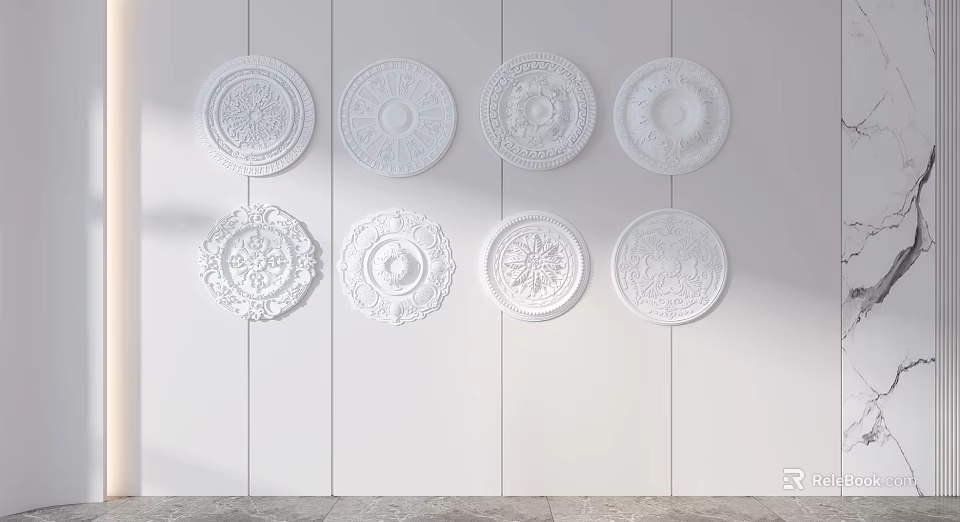 Multiple White Ceiling Medallions with Various Decorative Patterns Arranged on Wall 3d model 