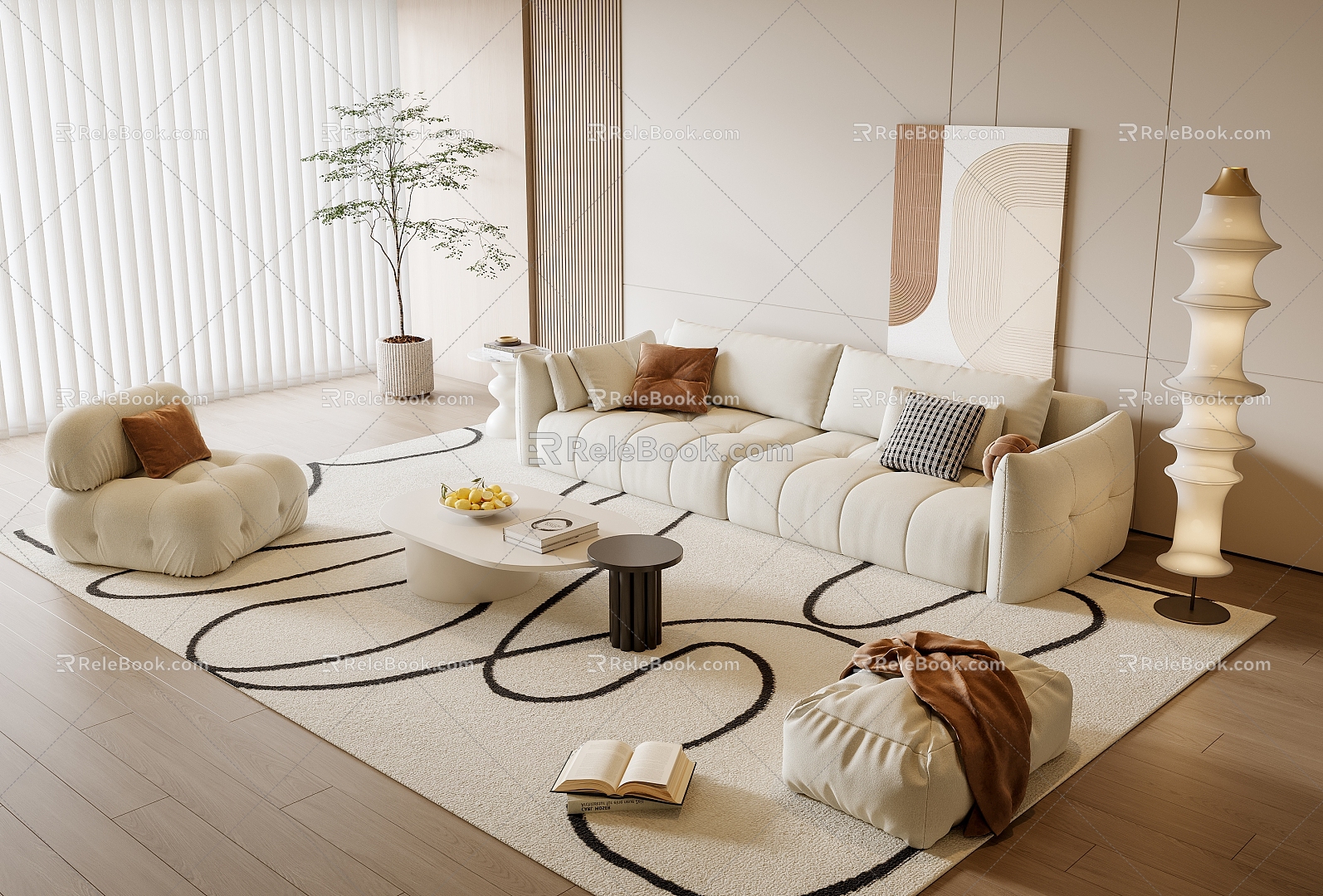 Cream Style Sofa Coffee Table Combination Lazy Sofa Green Planting Floor Lamp Fruit Side Table Hanging Picture 3d model