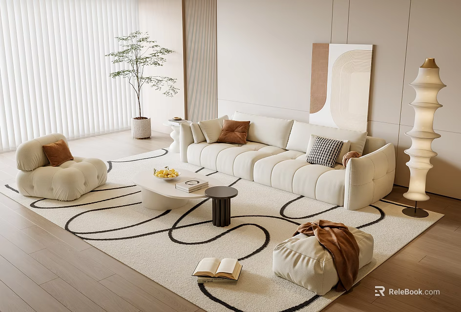 Elegant Sofa And Coffee Table Set With Patterned Rug Floor Lamp Potted Plant Throw Pillows 3d model 