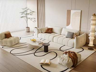 Elegant Sofa And Coffee Table Set With Patterned Rug Floor Lamp Potted Plant Throw Pillows 3d model