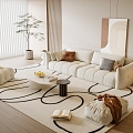 Cream Style Sofa Coffee Table Combination Lazy Sofa Green Planting Floor Lamp Fruit Side Table Hanging Picture 3d model