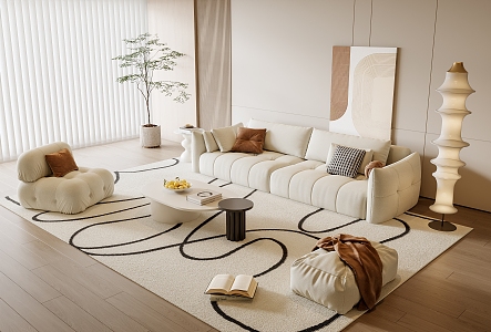 Cream Style Sofa Coffee Table Combination Lazy Sofa Green Planting Floor Lamp Fruit Side Table Hanging Picture 3d model