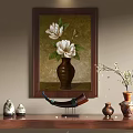 Elegant Botanical Painting With White Flowers In Wooden Frame And Decorative Vases